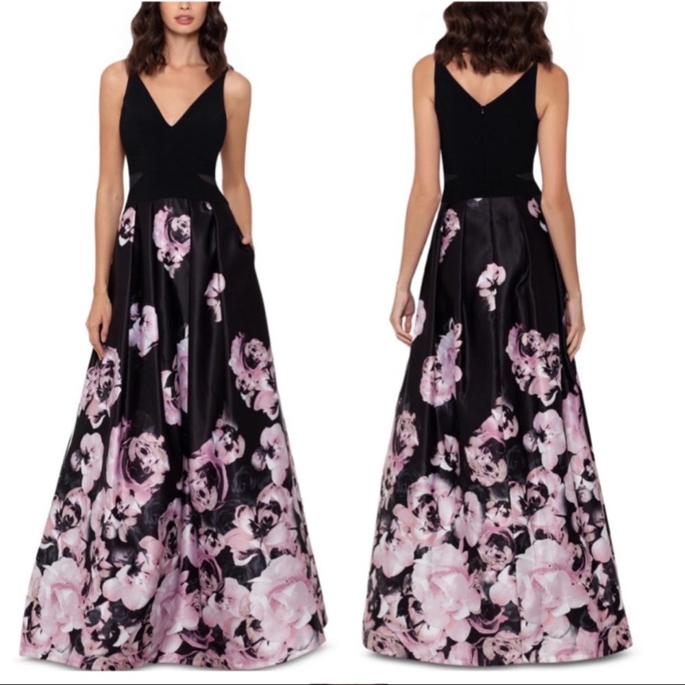 Macys floral gown with sheer side panels and pockets